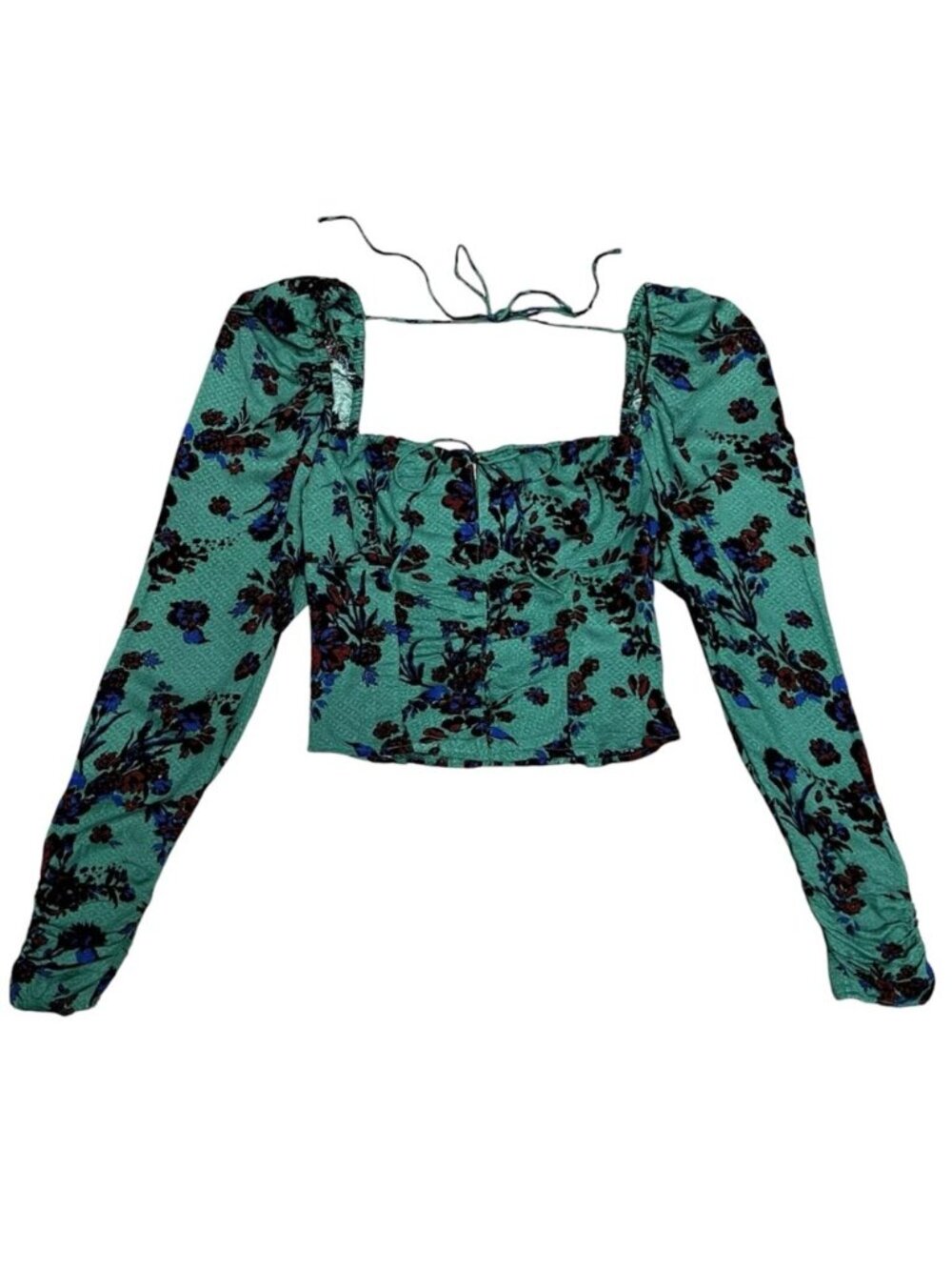Free People Floral Long Sleeve Top Mint Green Square Neck Tie Ruched Corset Styl